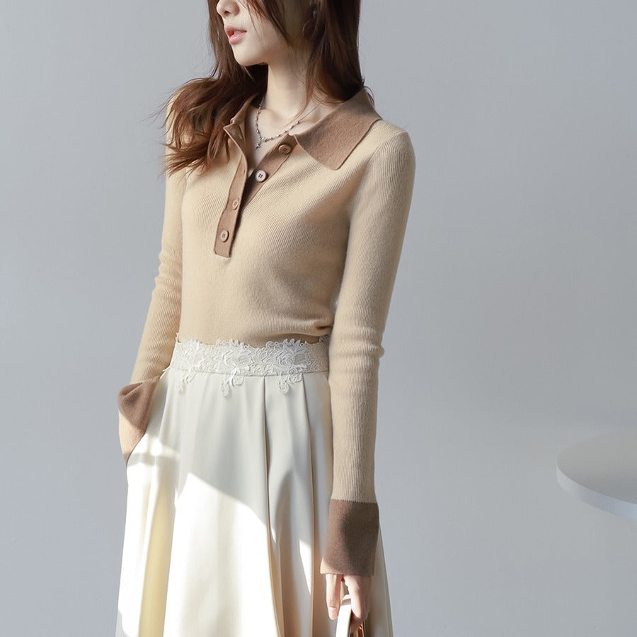 Mandy – Pull Slim à Col Polo et Manches Longues en Couleurs Contrastées