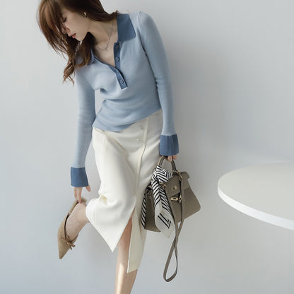 Mandy – Pull Slim à Col Polo et Manches Longues en Couleurs Contrastées
