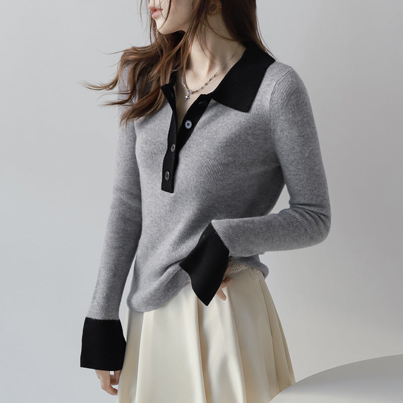 Mandy – Pull Slim à Col Polo et Manches Longues en Couleurs Contrastées