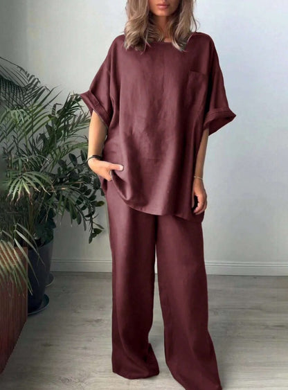 Lynda – Ensemble Décontracté Uni à Manches Courtes et Pantalon Long