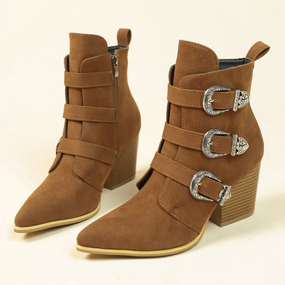Anne – Bottes mi-mollet rétro à talon épais avec boucle de ceinture