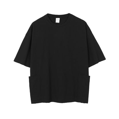 Fred – T-shirt Décontracté Simple avec Poche et Manches Courtes Effilochées