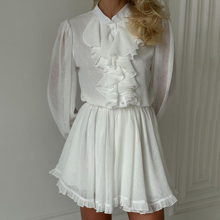 Judith – Robe Élastique à Volants Col Montant Manches Longues