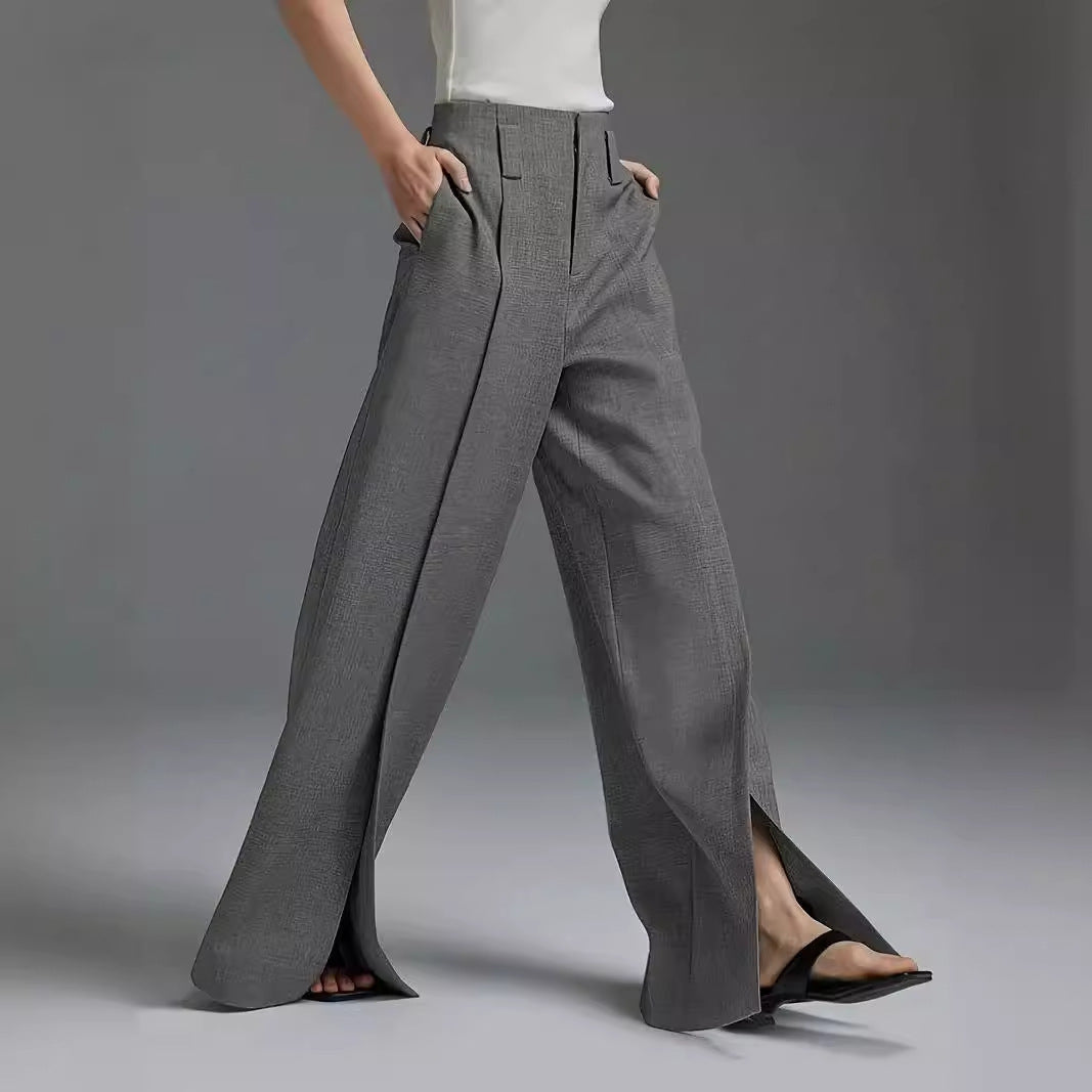 Marion – Pantalon Large avec Fente de Couleur Unie