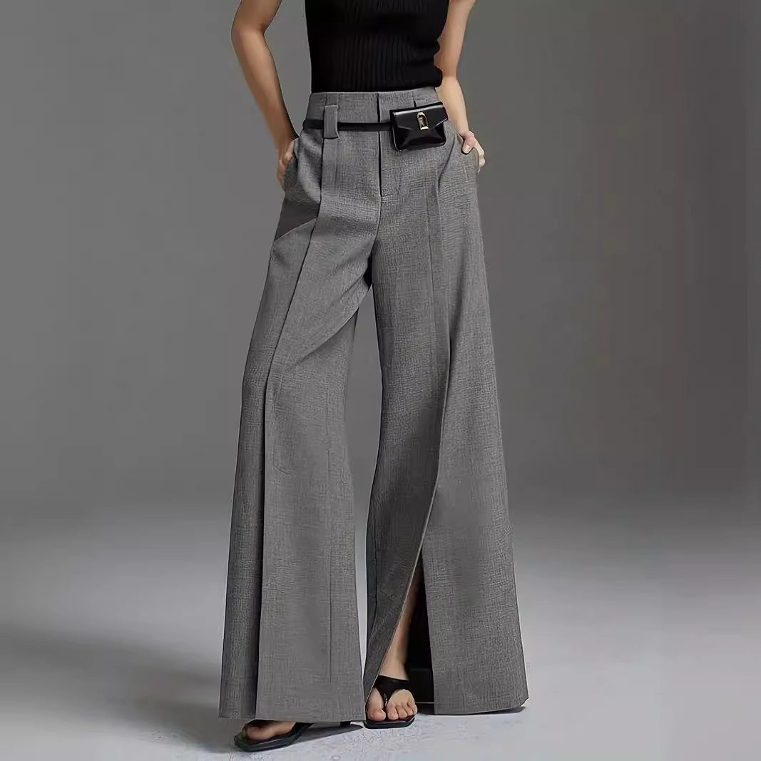 Marion – Pantalon Large avec Fente de Couleur Unie