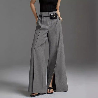 Marion – Pantalon Large avec Fente de Couleur Unie