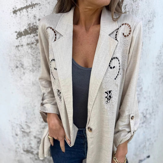 Wendy – Veste Petite en Coton et Lin avec Broderie Creuse et Une Bouton