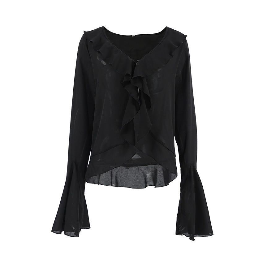 Lynda – Chemisier en Mousseline Noir Rétro