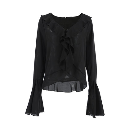 Lynda – Chemisier en Mousseline Noir Rétro