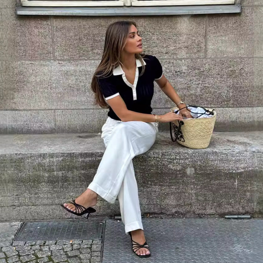 Joan – Polo Slim à Col V avec Patchwork Contrasté