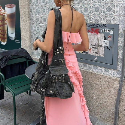 Claire – Sac messager à bandoulière large nouée multi-poches foncé