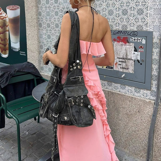 Claire – Sac messager à bandoulière large nouée multi-poches foncé