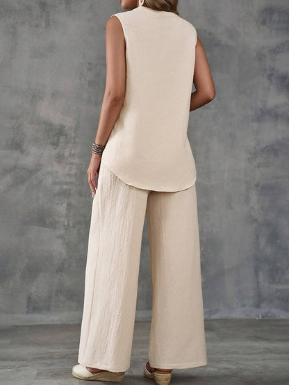 Leanne – Ensemble Gilet Texturé Sans Manches et Pantalon Large à Boutons