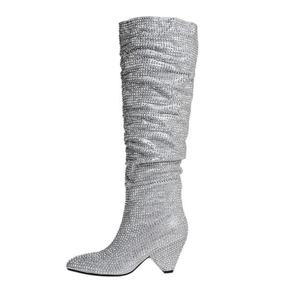 Lisa – Bottes Hautes Mode à Talon Évasé et Strass Argentés