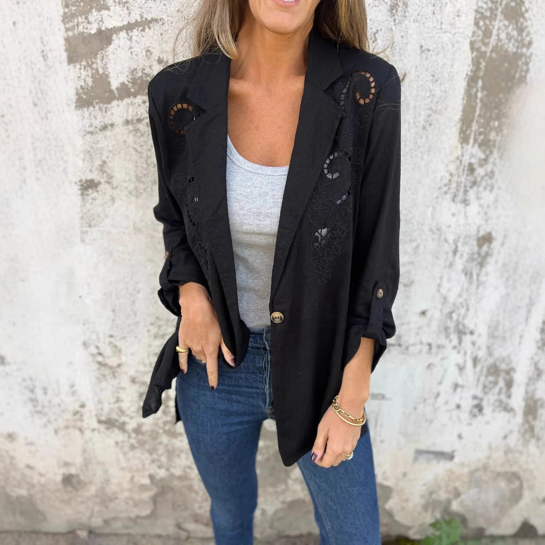 Wendy – Veste Petite en Coton et Lin avec Broderie Creuse et Une Bouton