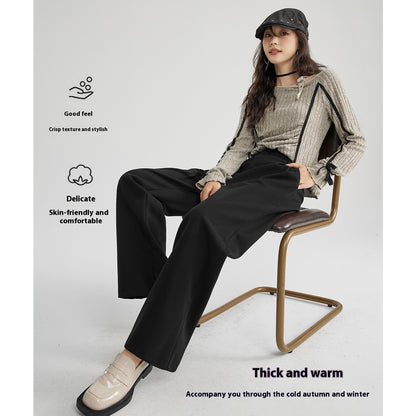 Heather – Pantalon Droit Décontracté en Laine Épais