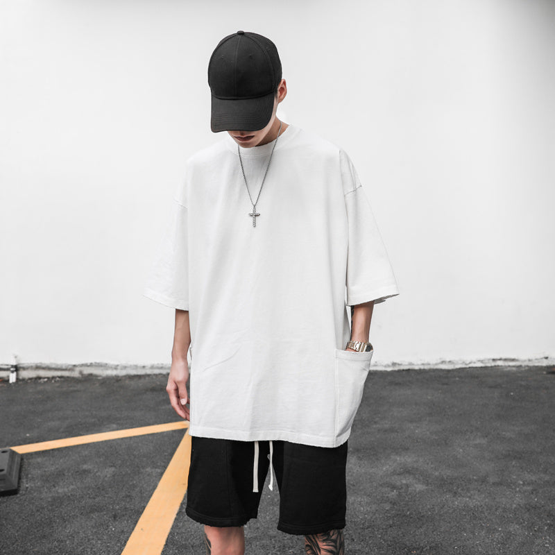 Fred – T-shirt Décontracté Simple avec Poche et Manches Courtes Effilochées