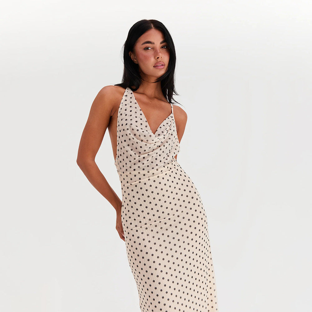 Alison – Robe Longue à Pois Sans Manches en Chiffon Dos Nu