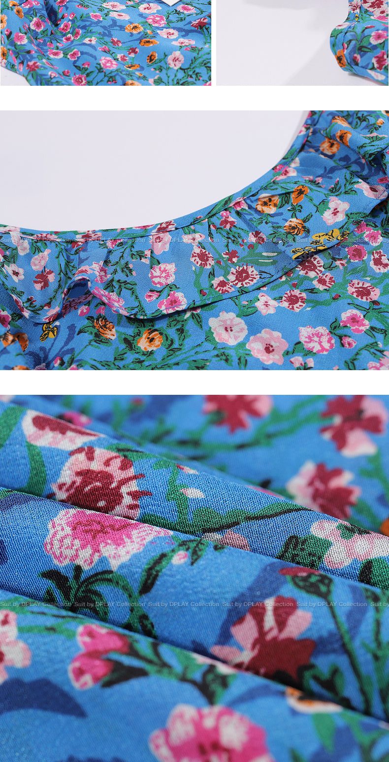 Gillian – Robe Florale Élégante Bleue de Vacances
