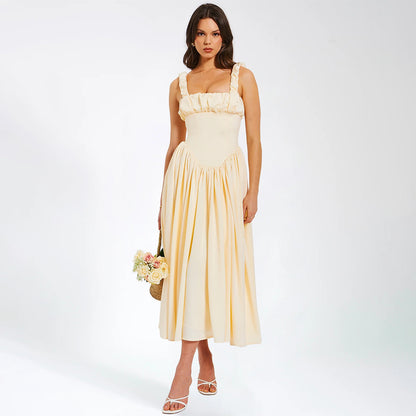 Tamara – Robe Longue à Col Carré et Patchwork