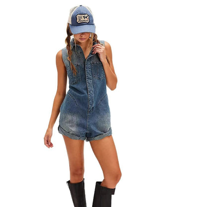 Megan – Combinaison Courte en Denim Bleu Rétro