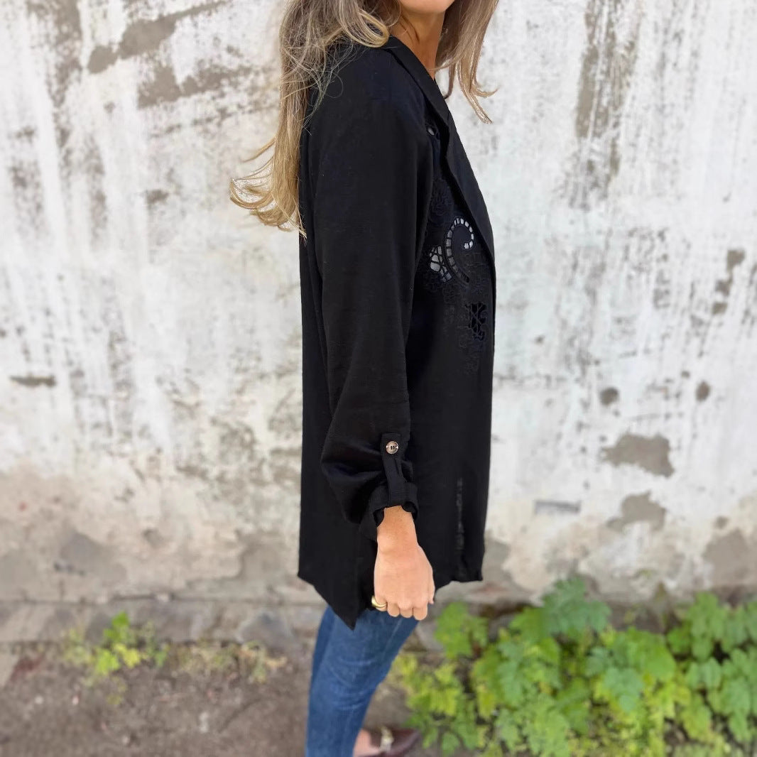 Wendy – Veste Petite en Coton et Lin avec Broderie Creuse et Une Bouton