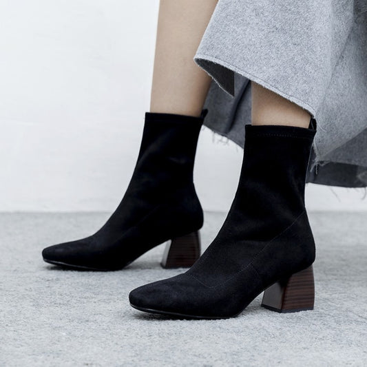 Leah – Bottes à Talons Épais pour Enfants en Velours Élastique Noir