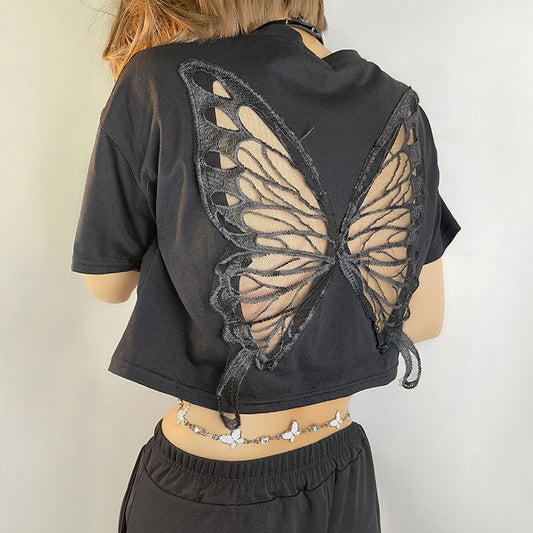Miranda – T-shirt Court Papillon en Dentelle Noire