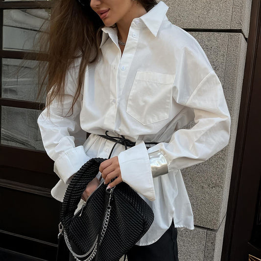 Christina – Haut Chemise Cardigan Commuter Blanc pour Femme