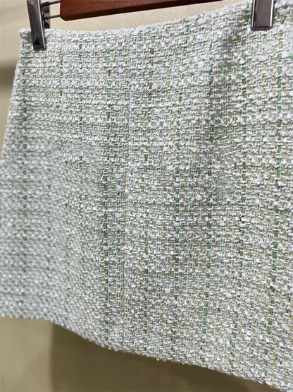 Rachel – Jupe Trapèze en Tweed Coton Vert Clair avec Poches