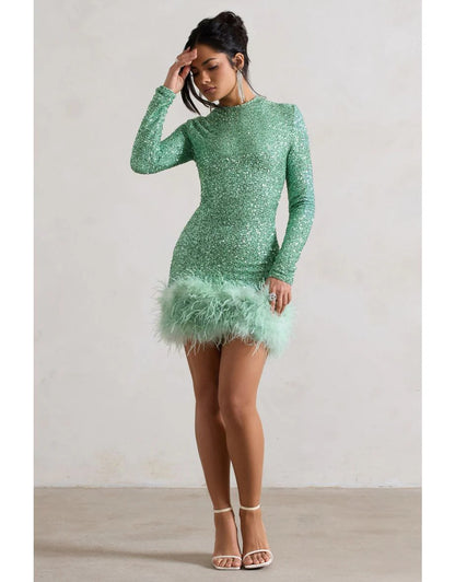 Helen – Robe à Plumes et Sequins Manches Longues