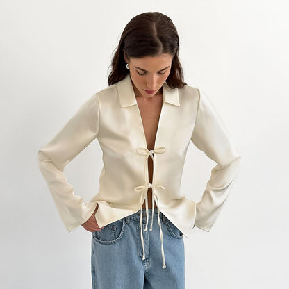 Tracy – Cardigan Ample en Satin Abricot pour Femmes