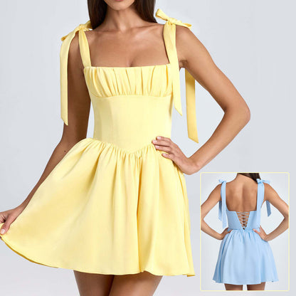 Natasha – Robe Courte à Bretelles Nouées Été Mode Évasée