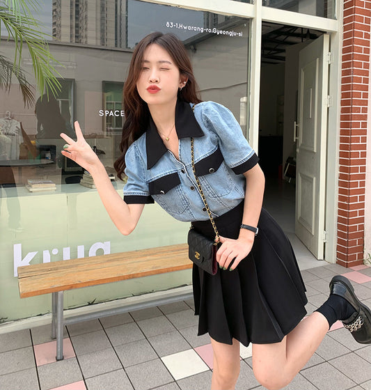 Tracy – Veste Chemise en Jean à Col Polo Contrasté d'Été