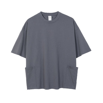Fred – T-shirt Décontracté Simple avec Poche et Manches Courtes Effilochées