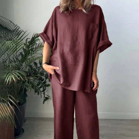 Lynda – Ensemble Décontracté Uni à Manches Courtes et Pantalon Long