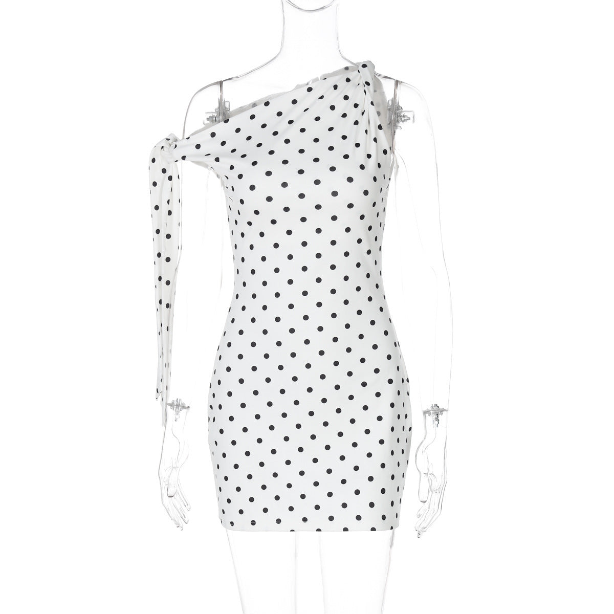 Lydia – Robe Moulante à Pois avec Épaule Asymétrique et Lacets