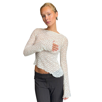 Gillian – T-shirt Sexy à Manches Longues et Ourlet Asymétrique en Dentelle