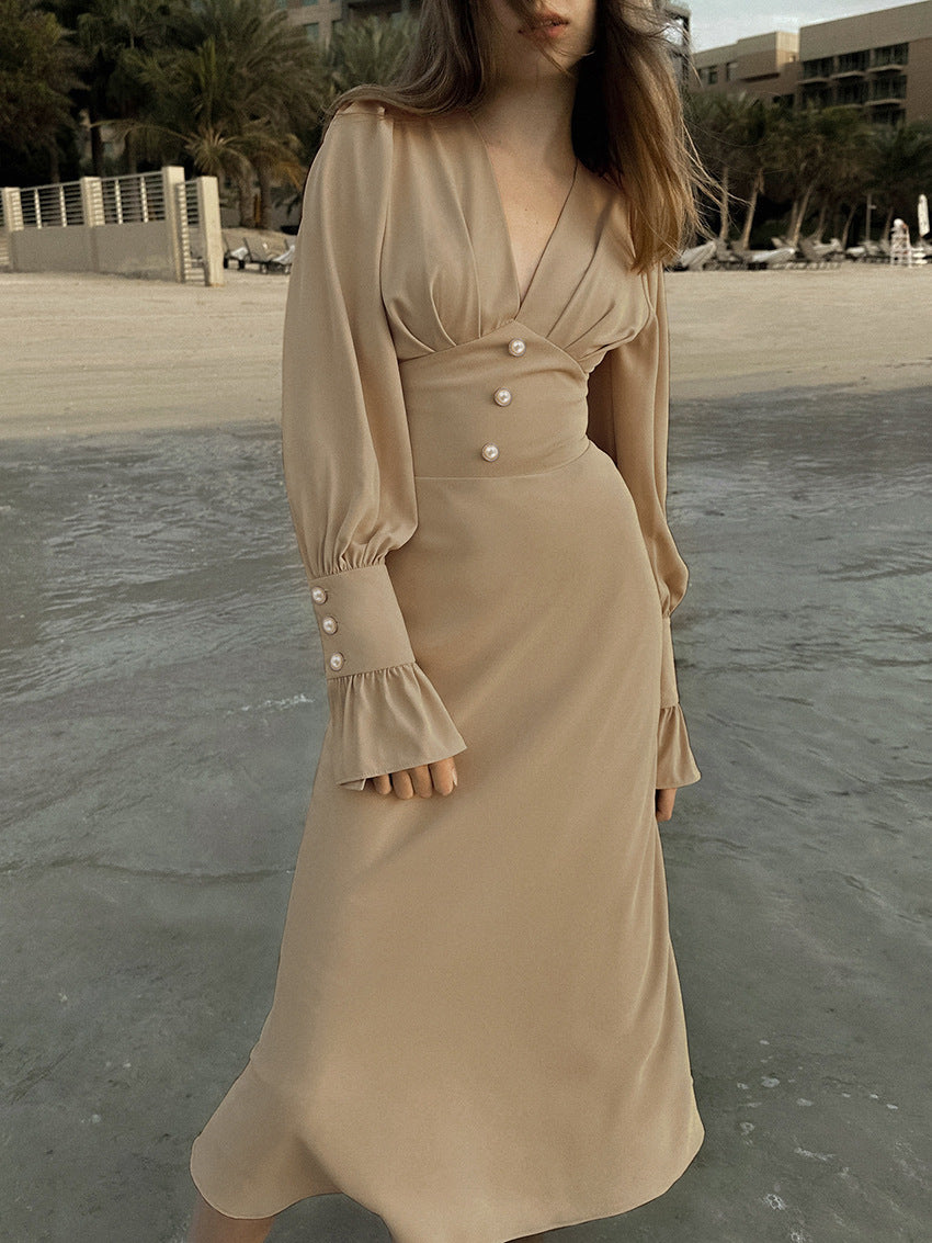 Jenny – Robe Midi en Chiffon Française à Encolure en V