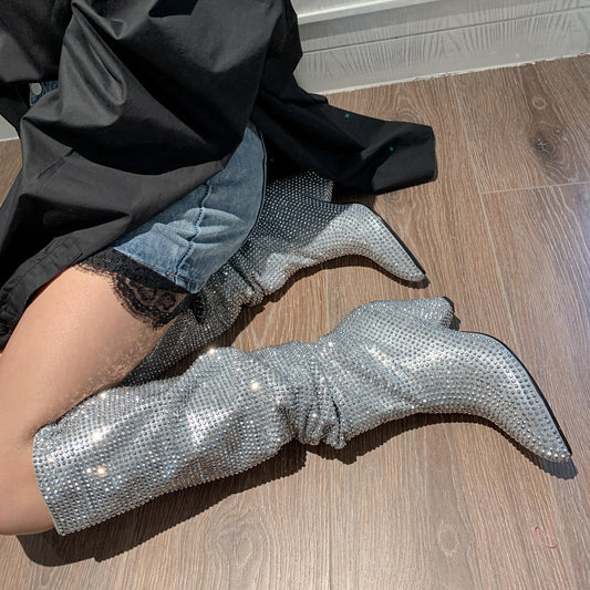 Lisa – Bottes Hautes Mode à Talon Évasé et Strass Argentés