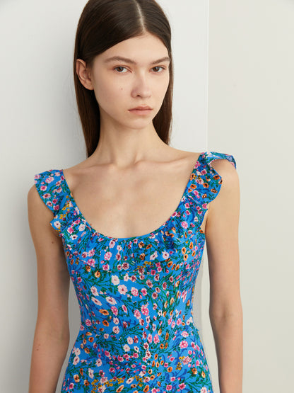 Gillian – Robe Florale Élégante Bleue de Vacances