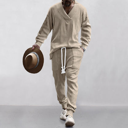 Richard – Ensemble Pull Jacquard à Col V et Pantalons Décontractés